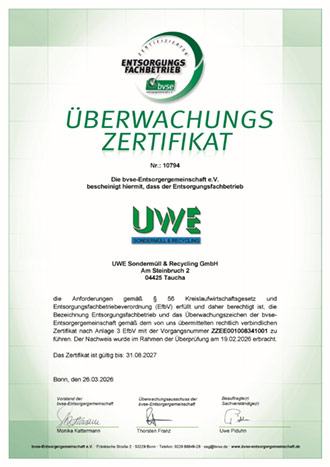 Entsorgungszertifikat aktuell